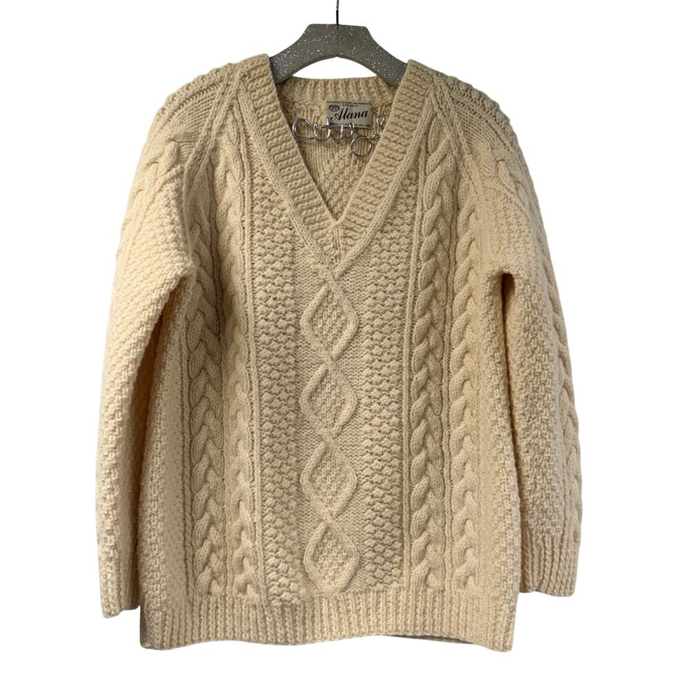 Alana 100% Wool Sweater V Neck Ivory Fisherman Knit Ireland